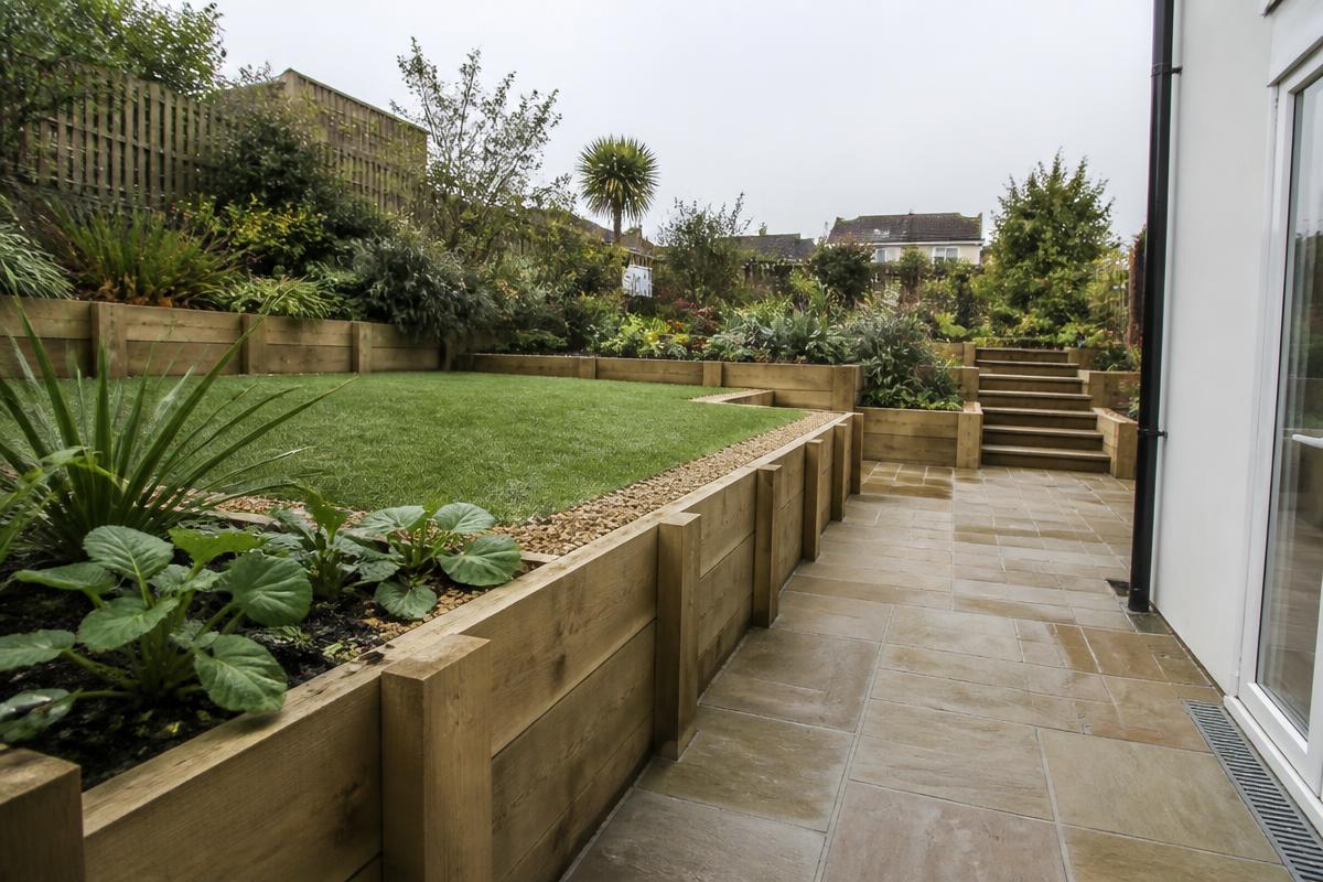 Sleeper retaining wall and new levels in a sloping Devon garden